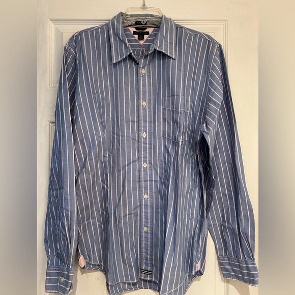 Tommy Hilfiger Men's Large Slim-Fit Blue Shirt with Pink Stripes 🌸 | Like New - Picture 1 of 3